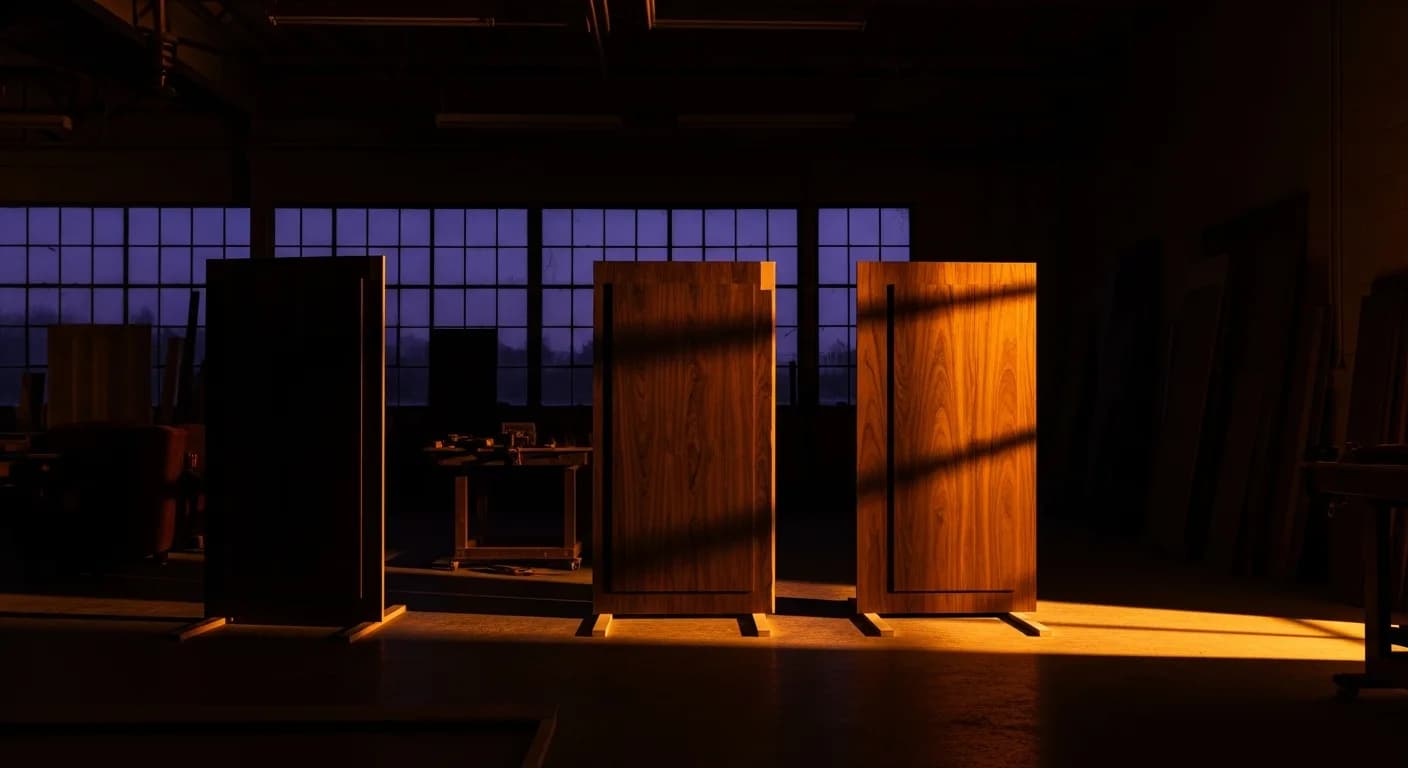 Millwork shop floor with in-progress walnut wall panels at evening