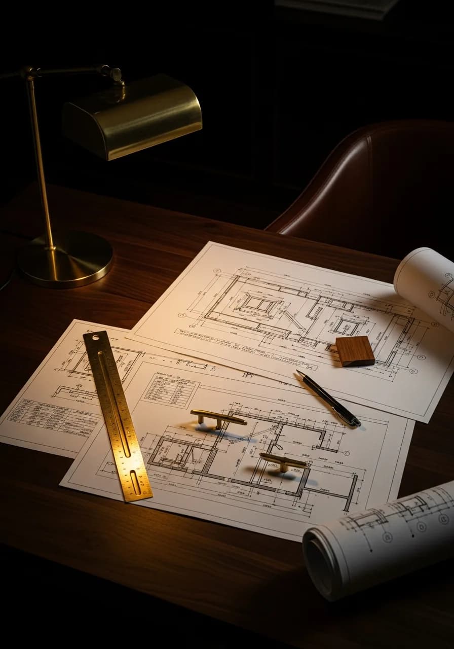Shop drawings and brass scale ruler on a walnut surface — coordinated millwork submittal