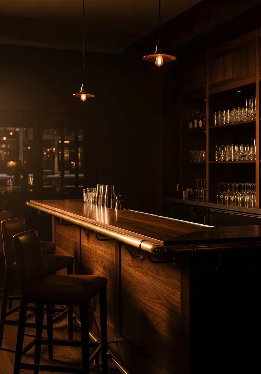 Empty hospitality bar at twilight with single warm pendant light