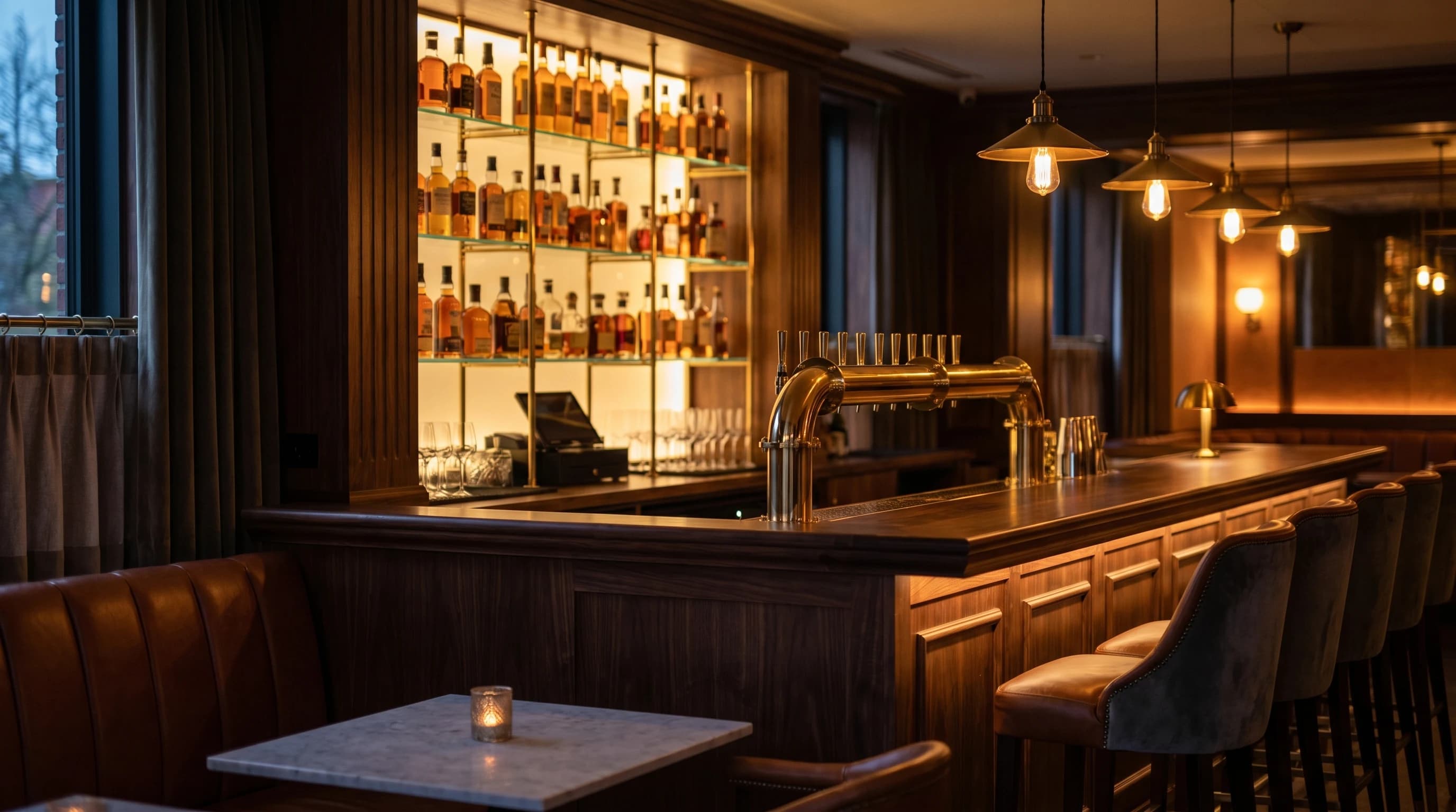 Finished hospitality bar interior at twilight — brass tap rail across walnut bar top, backlit glass shelving, warm pendant lighting