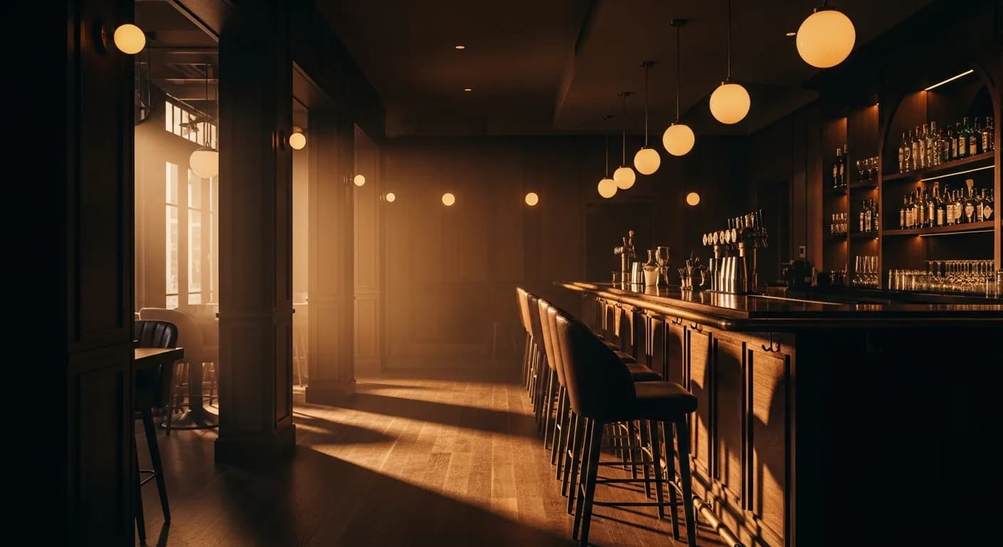 Hospitality bar interior at golden hour