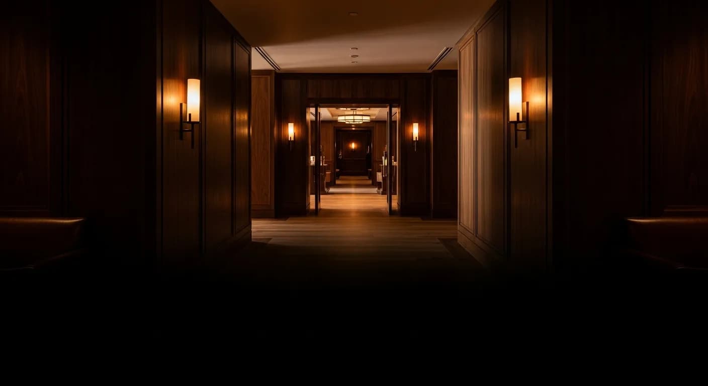 Hallway lined with custom walnut paneling and brass sconces