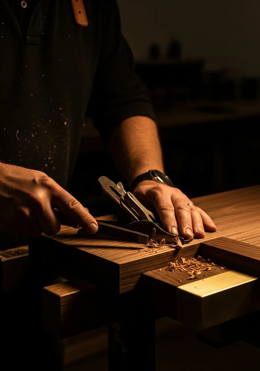 Master craftsman working a piece of finished walnut by hand